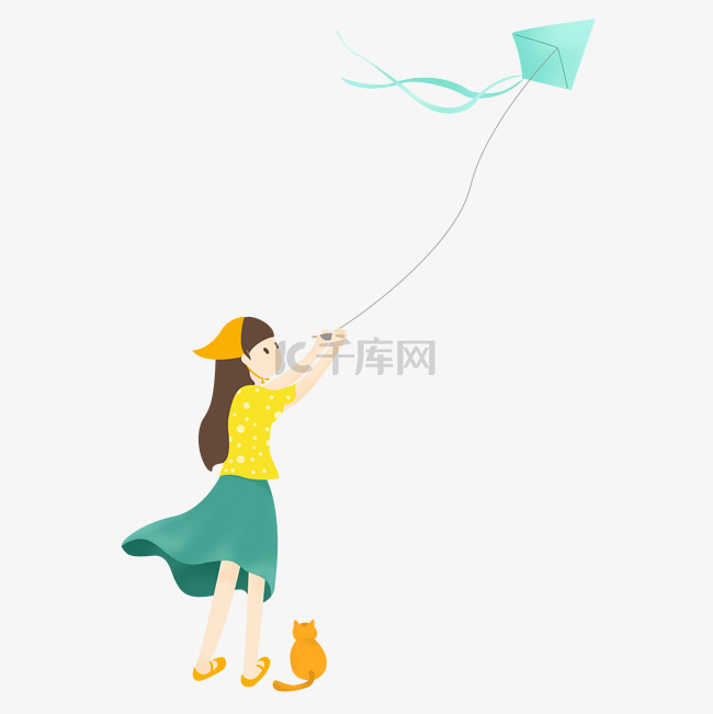 少女放风筝简约卡通元素