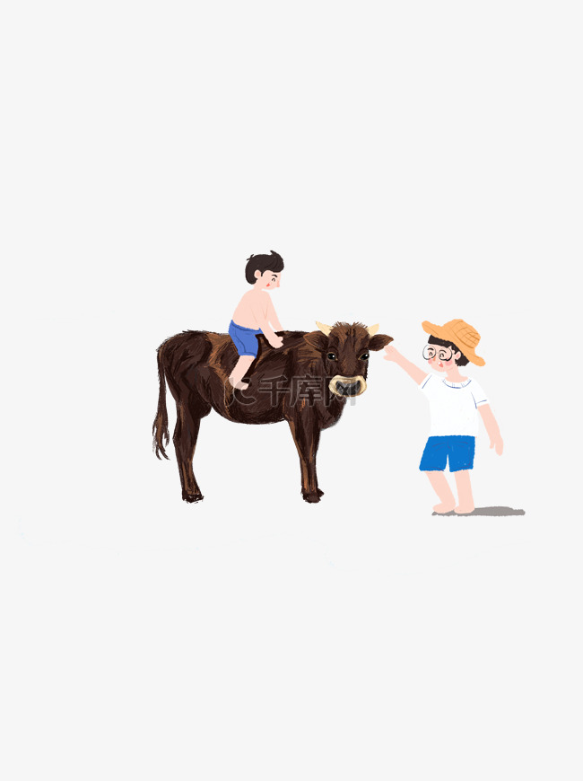 坐在牛背上的小男孩和摸牛的男孩