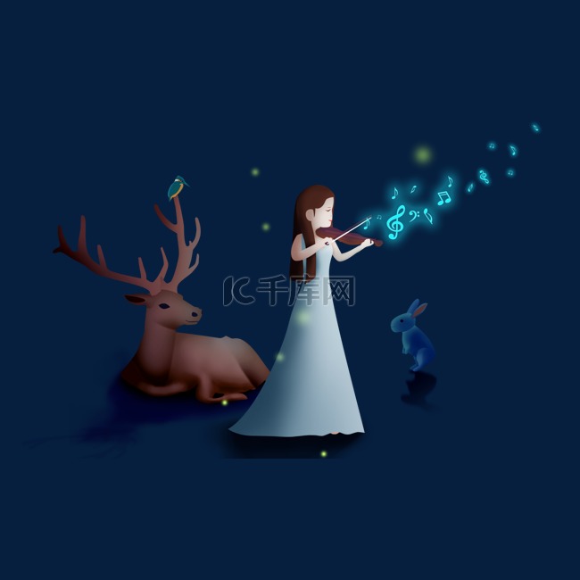 拉小提琴的少女梦幻插画