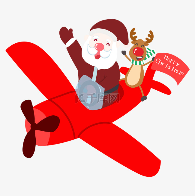 圣诞节卡通手绘坐飞机送礼物的圣