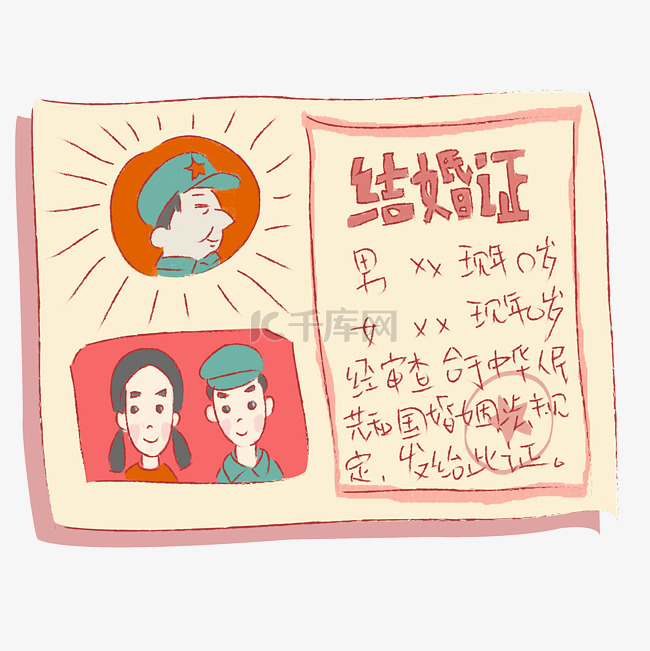 可爱清新复古手绘结婚证漫画