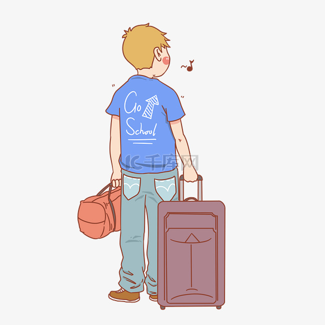 男孩拉行李上学