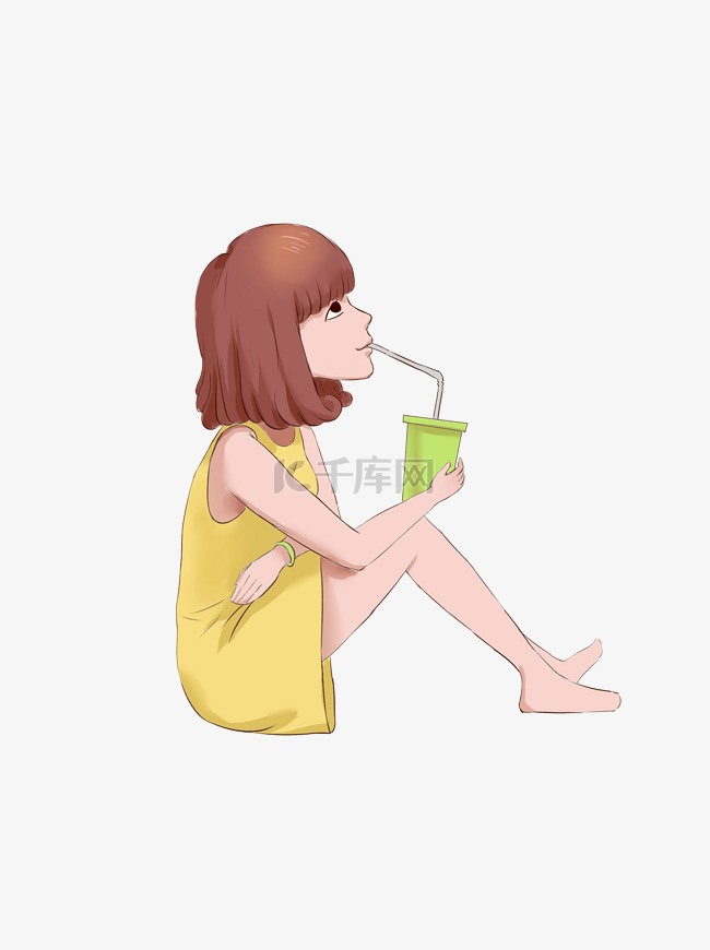 短发女孩坐着喝饮料元素设计