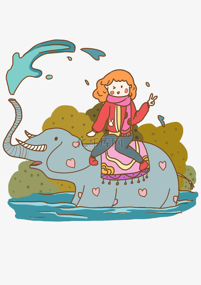 手绘骑大象的女孩插画