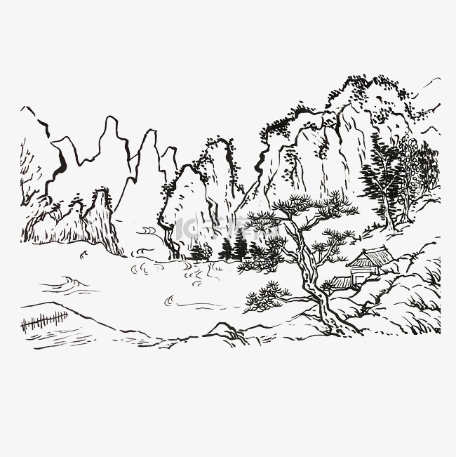 国画山水白描东方意境PNG