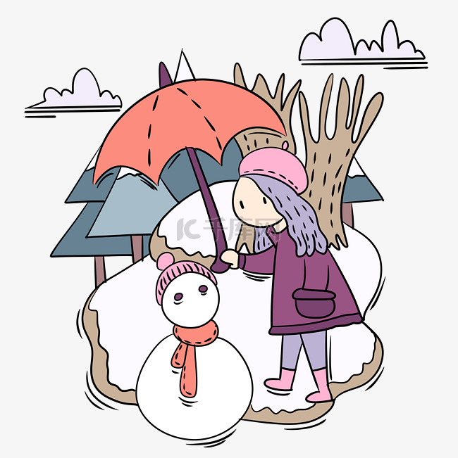 手绘卡通可爱冬季打伞少女与雪人