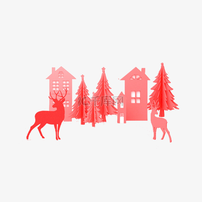 剪纸风的圣诞树和驯鹿