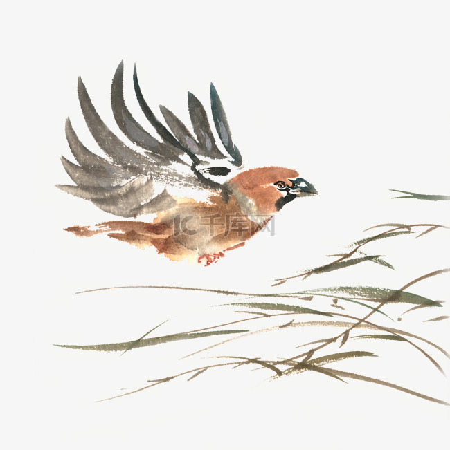 飞翔的小鸟水墨画PNG免抠素材