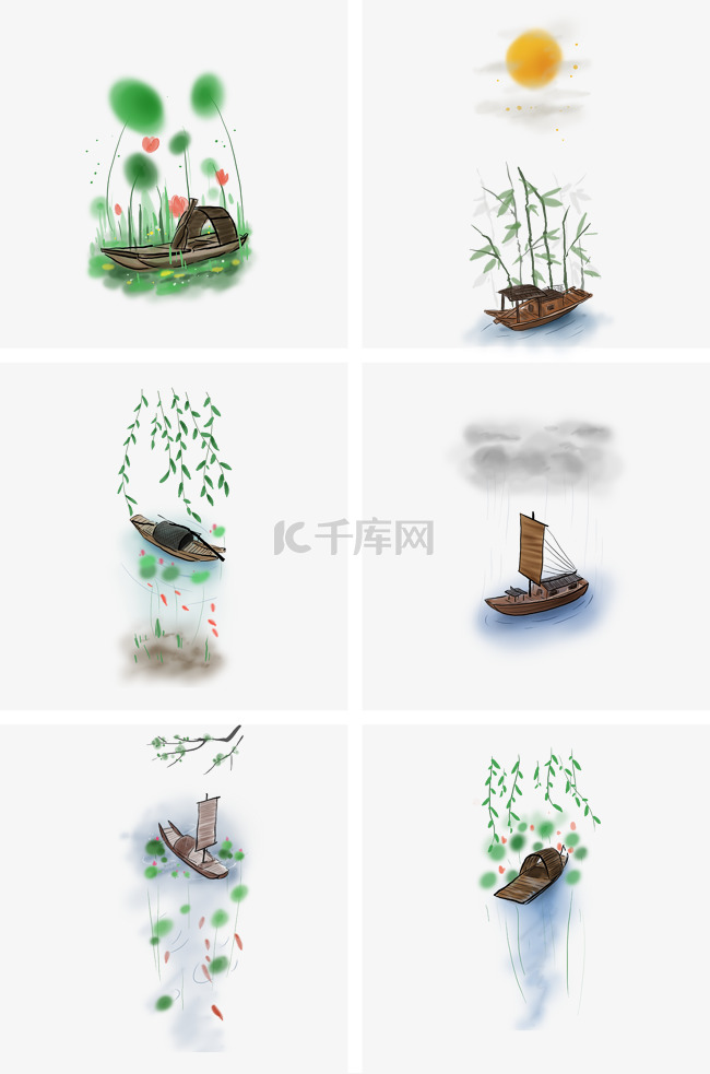 中国风传统古风船只和风景