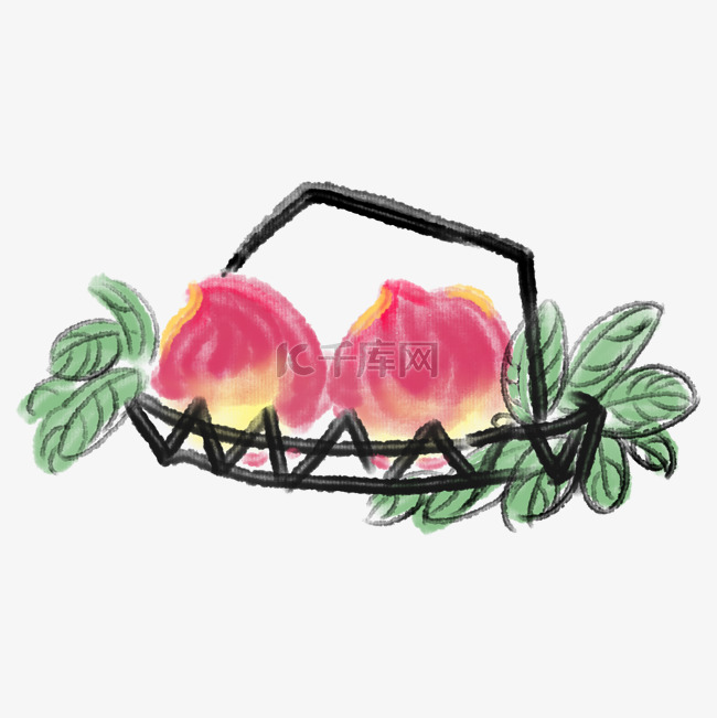 水墨篮子里的两颗桃子