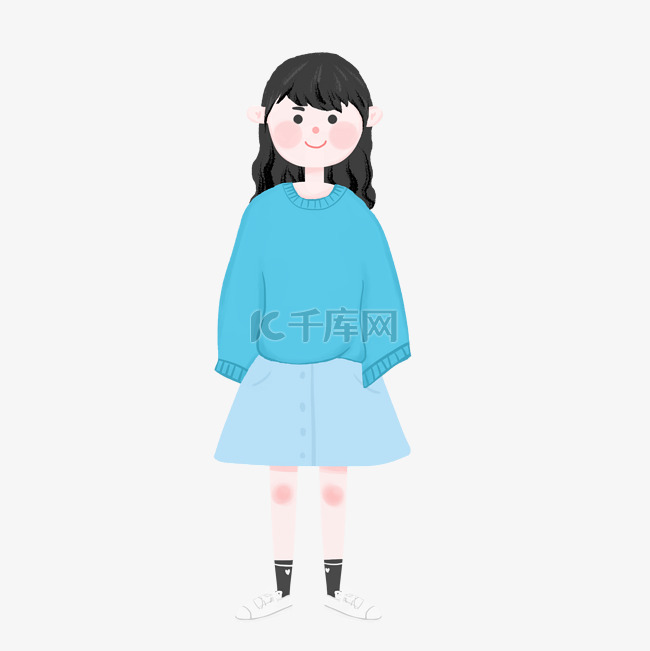 简约手绘穿蓝色衣服的女孩插画海