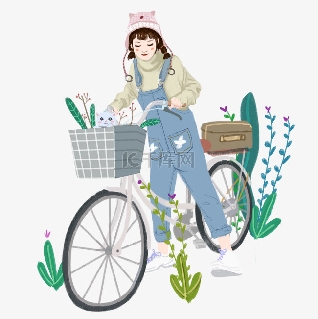旅行女孩自行车旅游插画