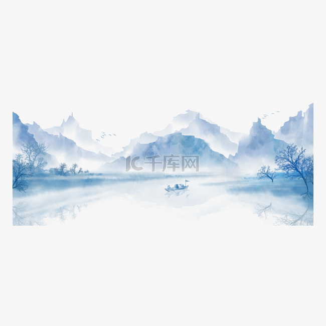 中国风手绘水墨风景山水画