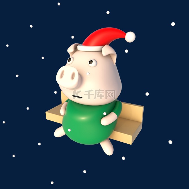 C4D立体可爱卡通圣诞节看雪小猪