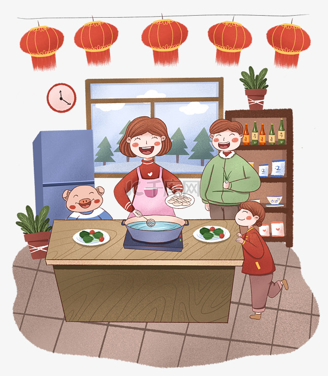 手绘小清新新春佳节煮饺子的一家