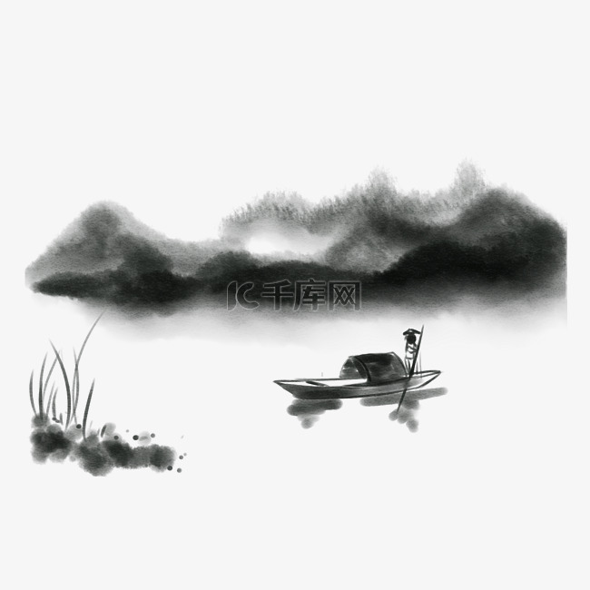渔人撑船风景水彩画