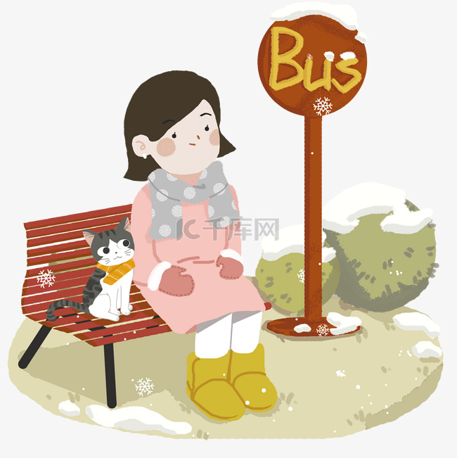 冬天女孩等公共汽车图