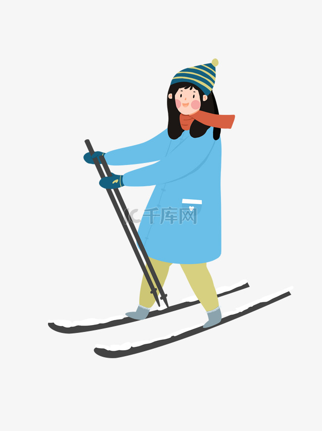 手绘简约女孩滑雪元素
