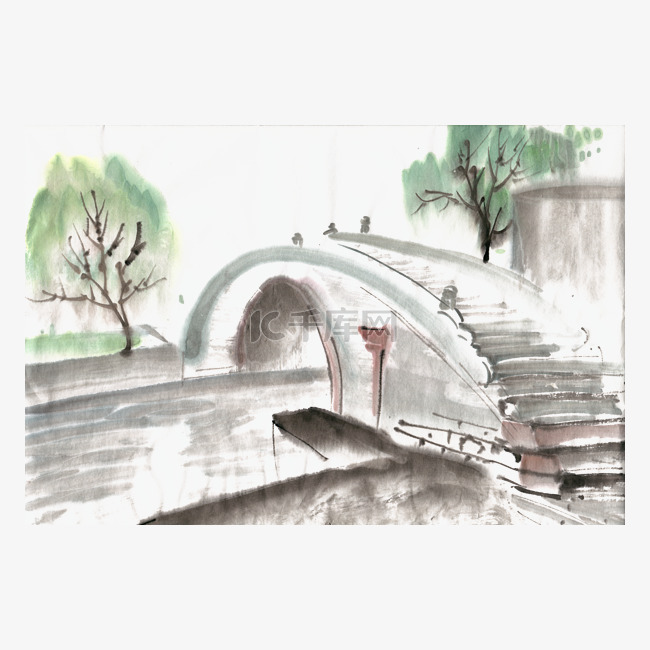 江南的桥水墨画PNG免抠素材