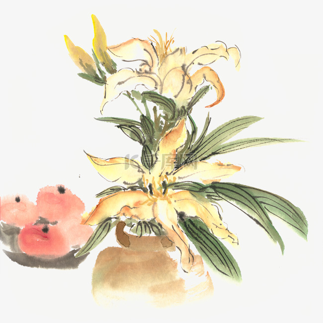 黄色花卉与柿子水墨画PNG免抠