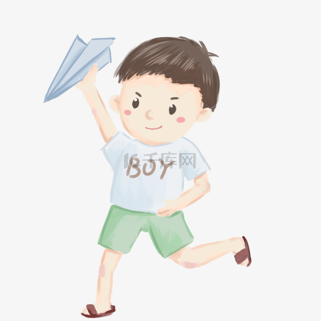 可爱插画风玩纸飞机的可爱小男孩