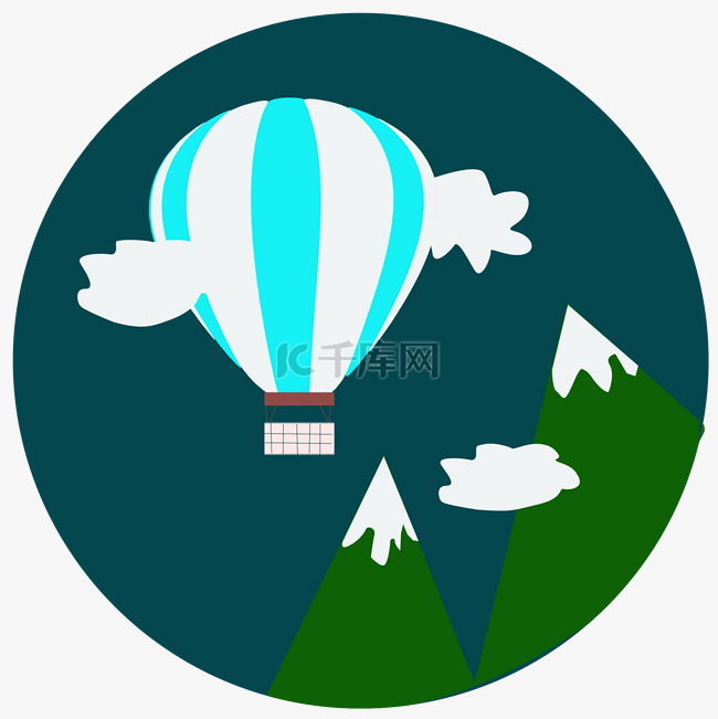 绿色大雪山前飞行的热气球