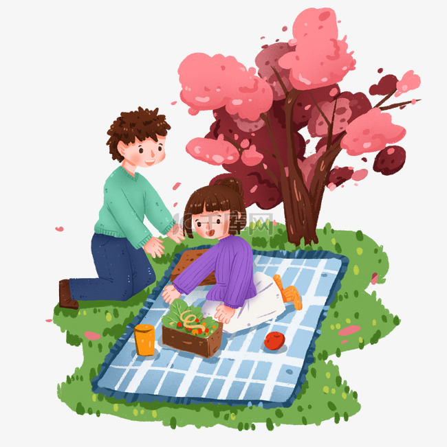 樱花树下野餐的人物免抠元素