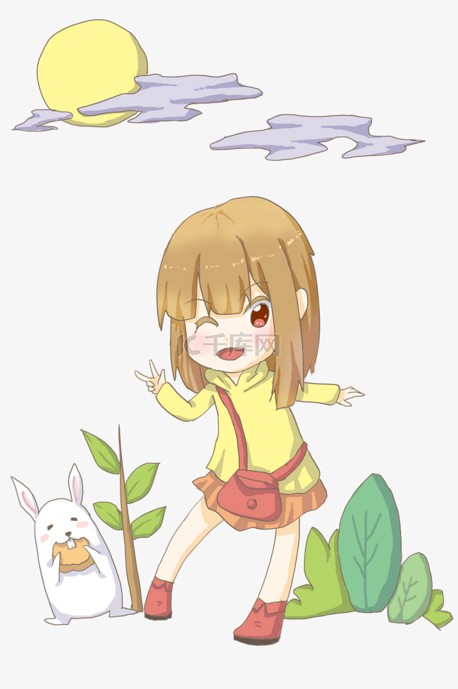 中秋节卡通萌少女和兔子