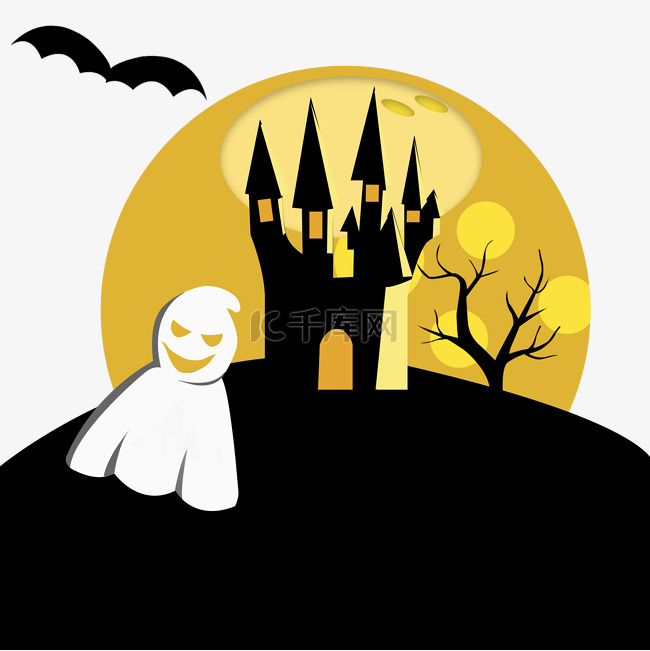 万圣节黑色卡通城堡鬼魂插画素材
