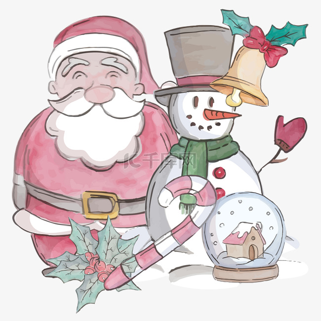 圣诞节矢量彩绘圣诞老人雪人插画