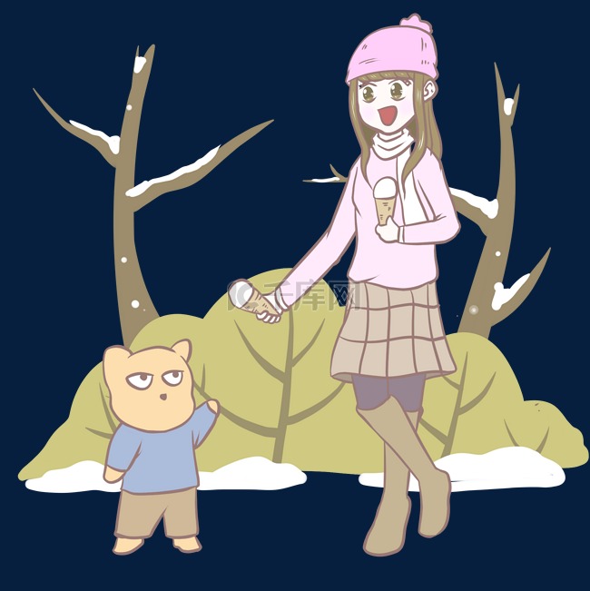 冬季人物和小熊插画
