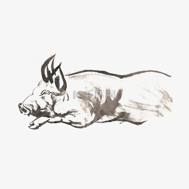 睡觉的猪水墨画PNG免抠素材