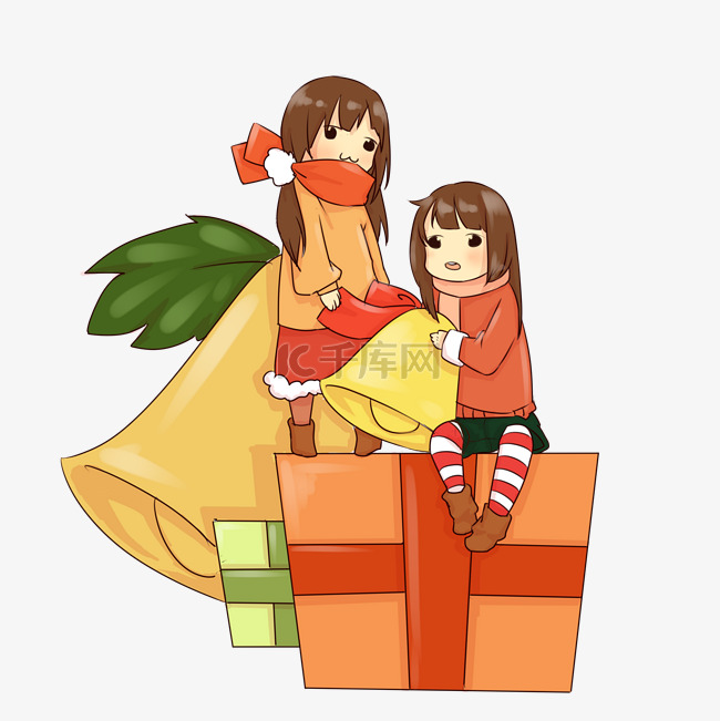 圣诞节小女孩和礼盒插画