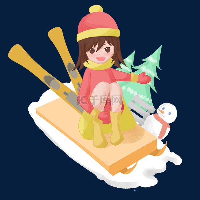 手绘冬季旅游玩滑雪车小女孩插画