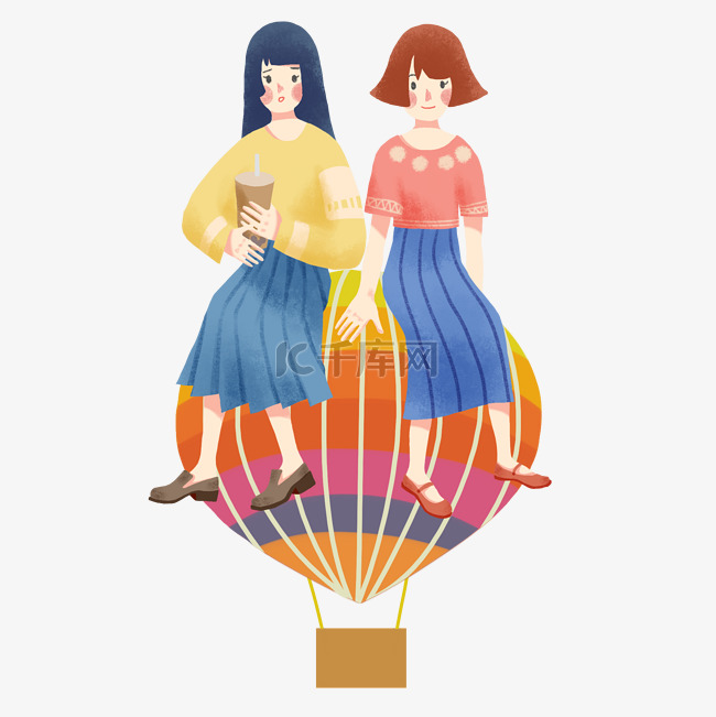 卡通手绘坐在彩色热气球上面的闺