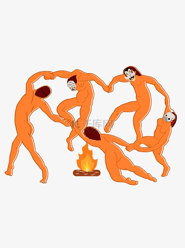 手绘卡通围着火堆跳圆圈舞的裸体