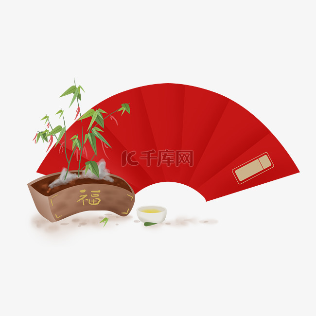 春节竹子红色扇形文字框