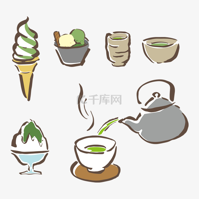 抹茶绿茶系列下午茶矢量图