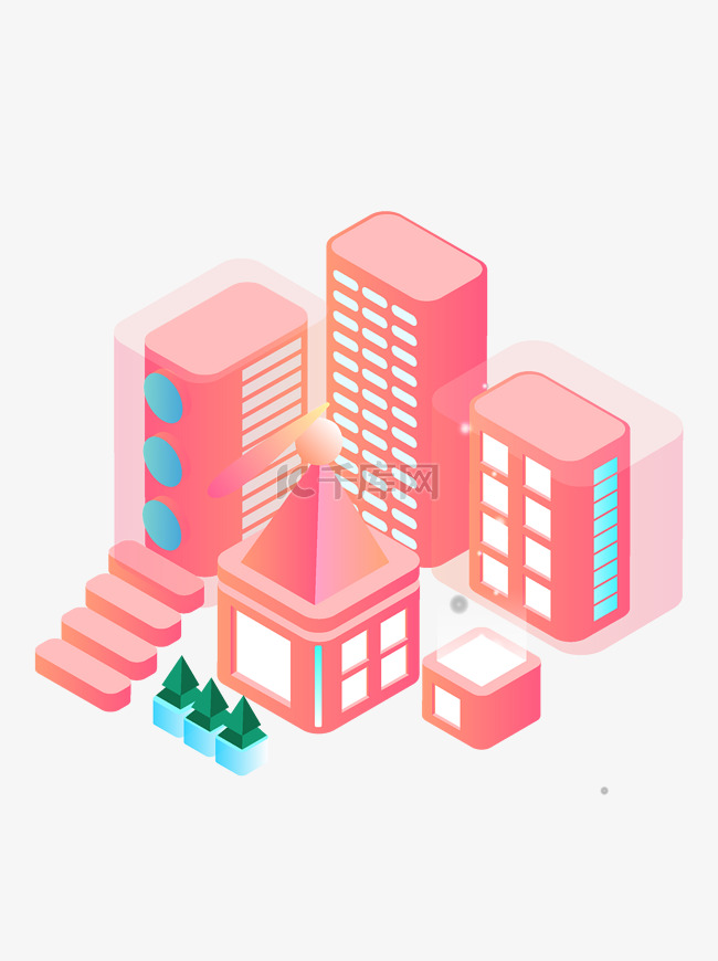 粉红风格未来都市生活建筑楼群