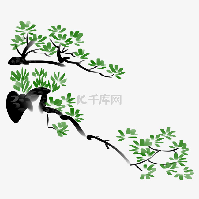 手绘水墨绿色的植物插画