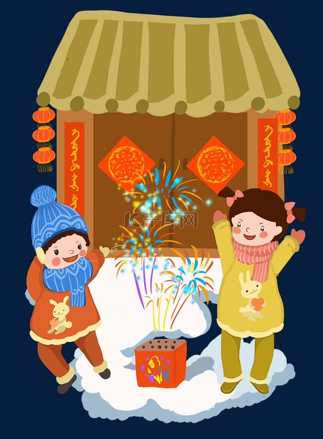 春节人物和烟花插画
