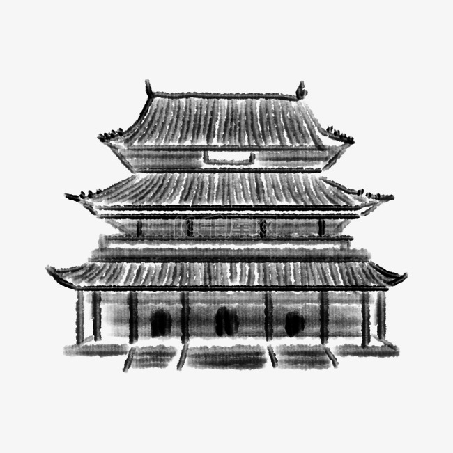 水墨中国古建筑插画