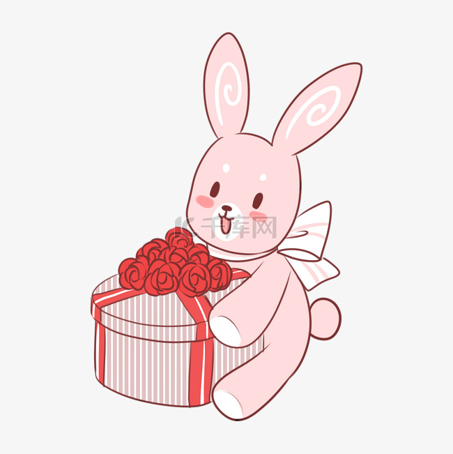 情人节卡通手绘可爱粉色兔子玫瑰
