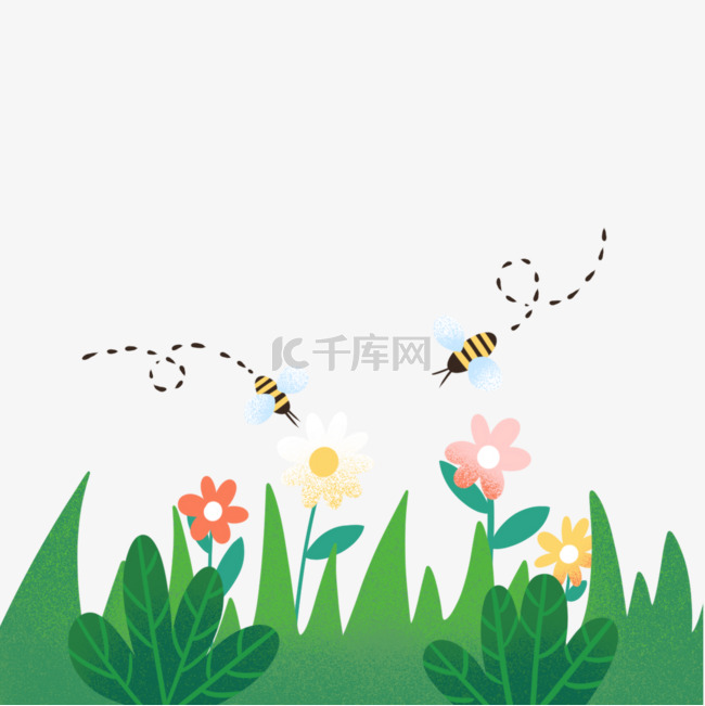 可爱棕色小蜜蜂和花丛