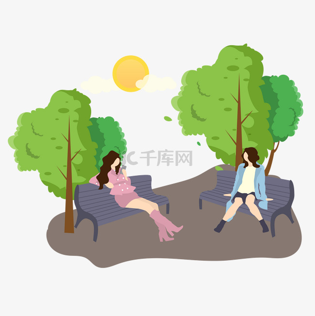 卡通插画风公园长椅上的女人