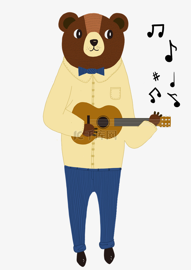 手绘插画小熊弹吉他PNG素材