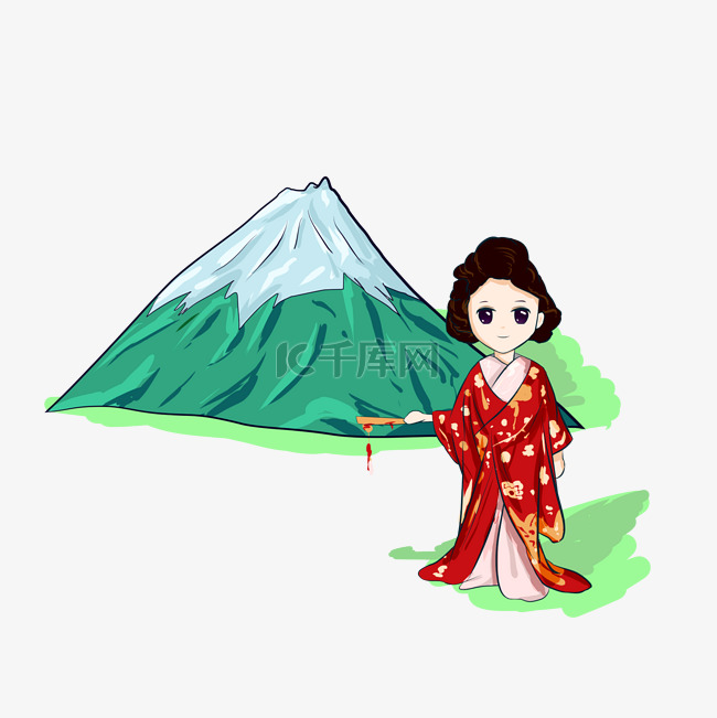 景点旅游打卡富士山和服人物