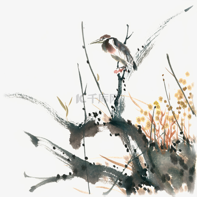 孤独的小鸟水墨画PNG免抠素材