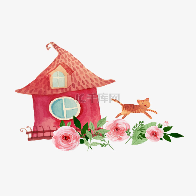 免抠卡通手绘粉色房子小猫