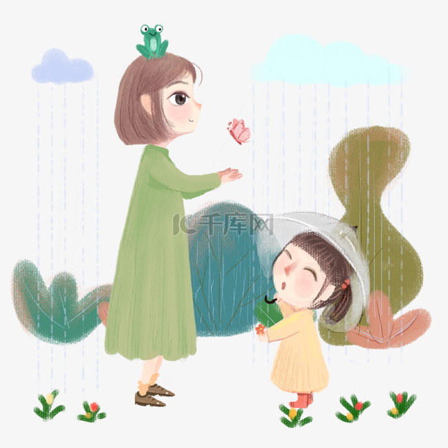 手绘惊蛰下雨插画